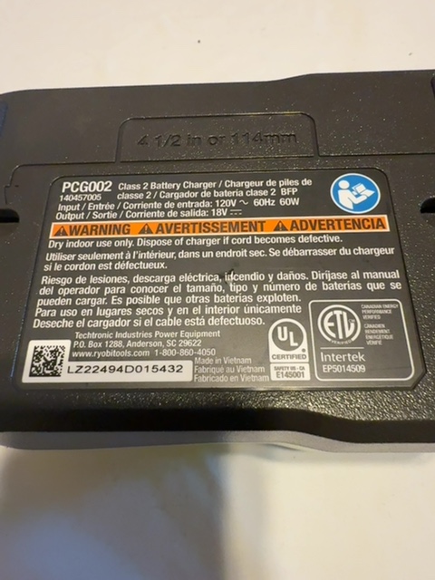 RYOBI PCG002 18V Charger — actual PRF item photo 2 of 2