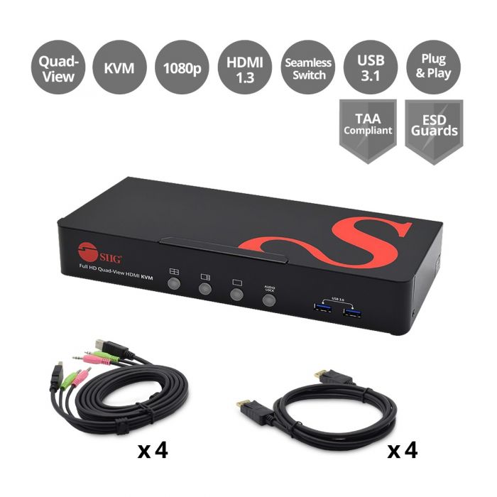 SIIG 4-Port Full HD Quad-View HDMI KVM Switch CE-KV0A11-S1 USB 3.0 Audio — promotional product image, not the exact item